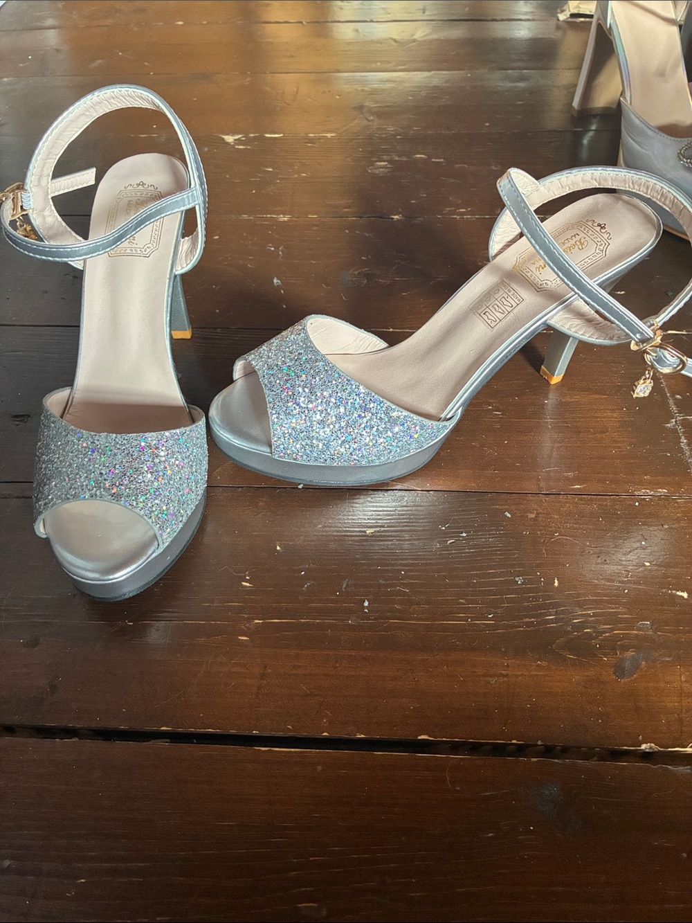 Betsey Johnson Silver Glitter Open-Toe Ankle Strap Heels